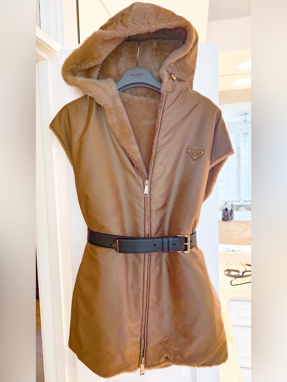 Prada Reversible Shearling & Re-Nylon Vest with Prada Belt